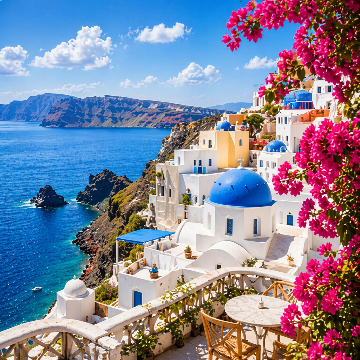 Santorini mit Meerblick und Bougainvillea
